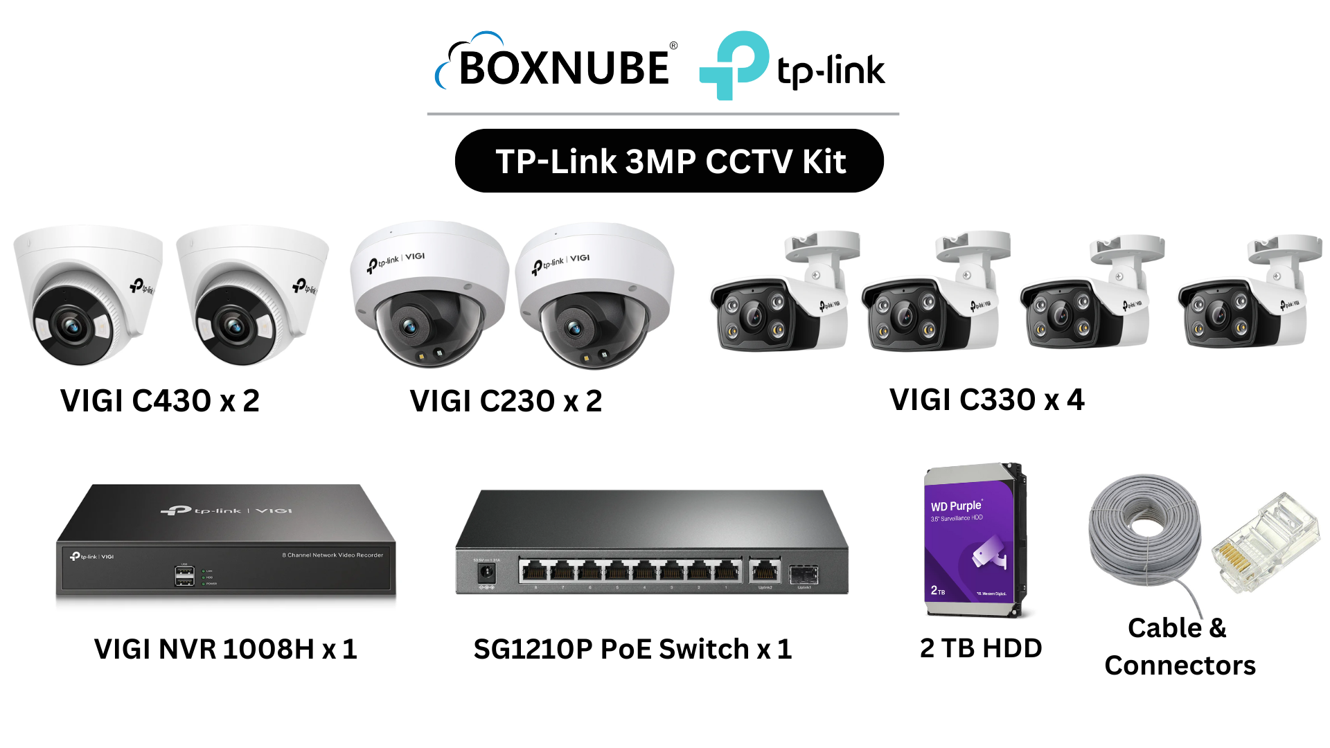 TP-Link VIGI 3MP 8 Camera Kit Bundle 4x C330 Bullet 2x C430 Turret, 2x C230 Dome, 8 Channel NVR, 8 Port Gigabit PoE Switch, 100M CAT6 Cable, RJ45 Plug TP-Link VIGI 3MP 8 Camera Kit Bundle 4x C330 Bullet 2x C430 Turret, 2x C230 Dome, 8 Channel NVR, 8 Port Gigabit PoE Switch, 100M CAT6 Cable, RJ45 Plug